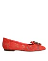 Dolce & Gabbana Coral Lace Crystal Ballet Flats Loafers Shoes In Red