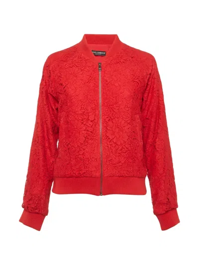 Pre-owned Dolce & Gabbana Corded Lace Zip-up Bomber Jacket In Red