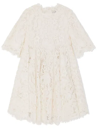 Dolce & Gabbana Kids' Lace-detail Short-sleeved Dress In White