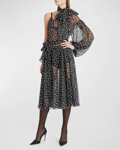 Dolce & Gabbana Coriander Peak Polka-dot Chiffon One-shoulder Bow Midi Dress In Blkpoiswht