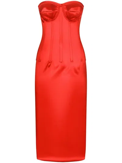 Dolce & Gabbana Satin Calf-length Dress With Corset Details In Red