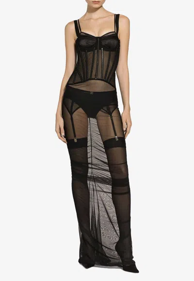 Dolce & Gabbana Corset Maxi Tulle Dress In Black