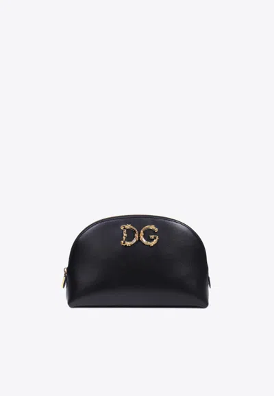Dolce & Gabbana Cosmetic Leather Pouch With Baroque Logo In Black