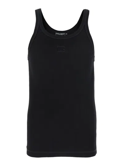 DOLCE & GABBANA BLACK SLEEVELESS TOP WITH LOGO EMBROIDERY ON THE FRONT AND RIBBED KNIT IN COTTON MAN