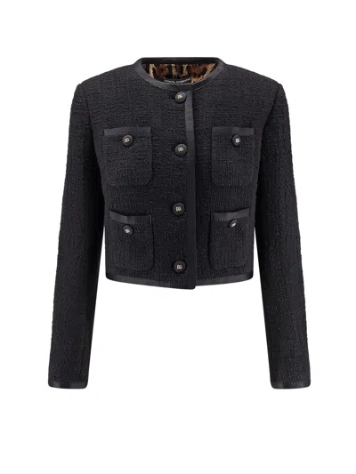 Dolce & Gabbana Cotton And Viscose Blazer With Animalier Print Lining In Black
