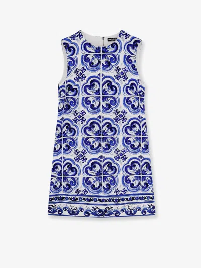 Dolce & Gabbana Cotton And Viscose Dress With Maiolica Print In Blue