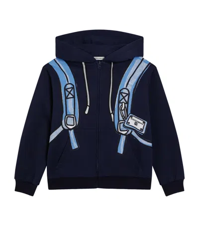 Dolce & Gabbana Kids' Cotton Backpack Print Oversized Hoodie In Blue