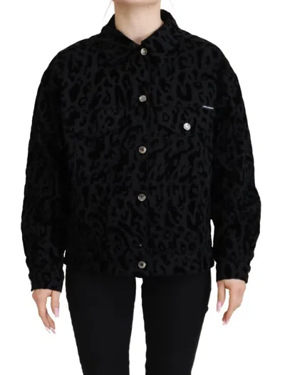 DOLCE & GABBANA COTTON BLACK LEOPARD LONG SLEEVE DENIM JACKET