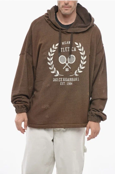 Dolce & Gabbana Cotton Blend Atletica Hoodie With Lived-in Effect In Brown