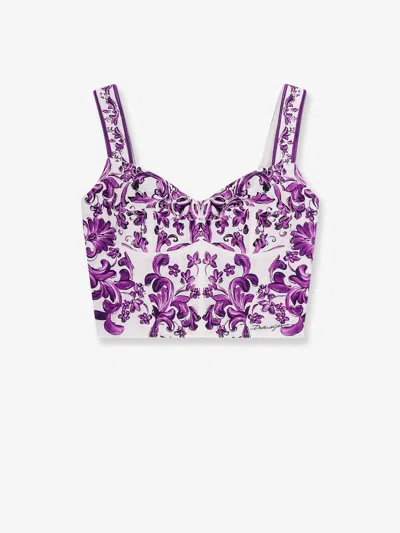 Dolce & Gabbana Cotton Blend Bustier Top With Maiolica Print In Purple