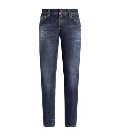 Dolce & Gabbana Cotton-blend Embroidered Slim Jeans In Blue