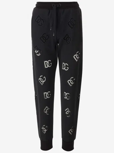 Dolce & Gabbana Cotton Blend Jersey Pants With Cut Out Embroidery Dg In Black
