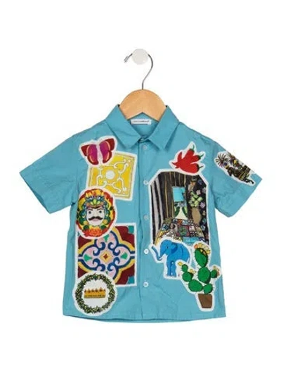 Pre-owned Dolce & Gabbana Babies' Cotton Blue Short Sleeve Casual Polo Shirt With Patch Accents