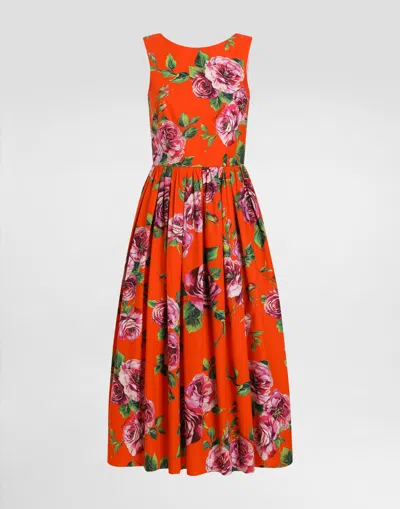 Dolce & Gabbana Cotton Calf-length Babydoll Dress With Rose Print