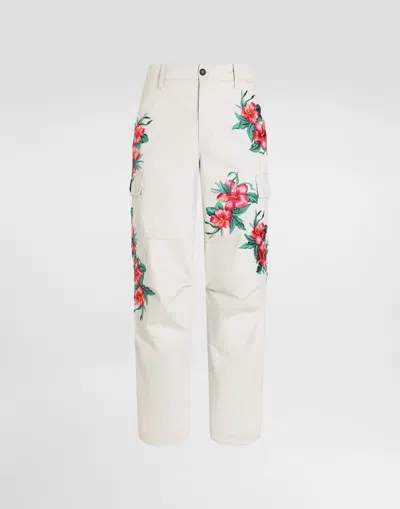 Dolce & Gabbana Cotton Cargo Pants With Floral Patches In Beige