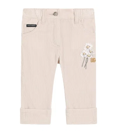 Dolce & Gabbana Kids' Cotton Corduroy Floral Embroidery Trousers In Pink