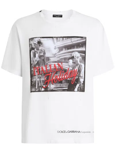 Dolce & Gabbana White Cotton Italian Holiday Print T-shirt