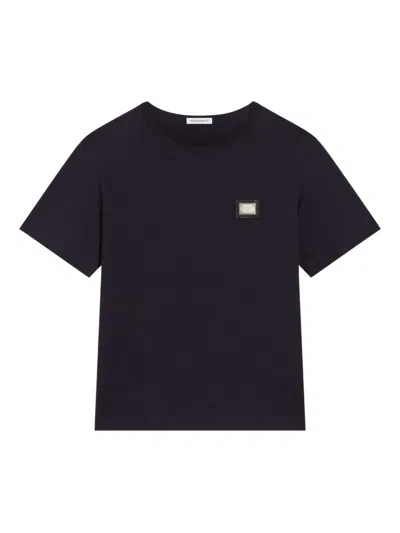 Dolce & Gabbana Kids' Cotton Crew Neck T-shirt With Logo Plaque In Blue
