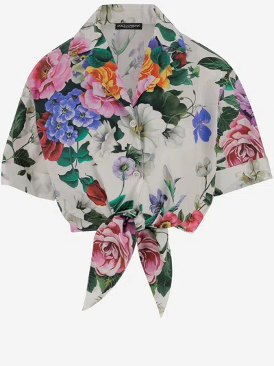 Dolce & Gabbana Printed Poplin Cropped Shirt In Multicolor