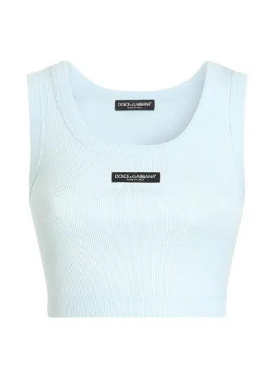 Dolce & Gabbana Cotton Cropped Tank Top With Logo In Blue
