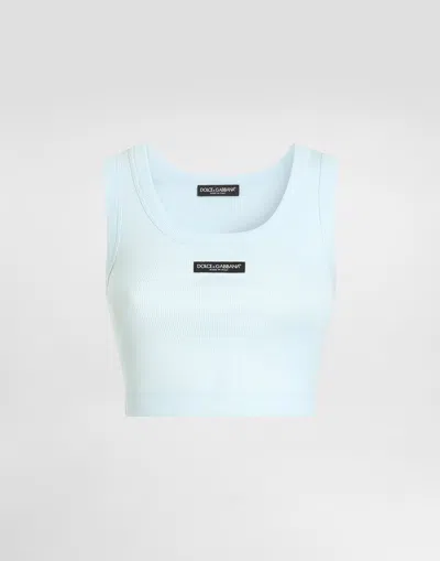 Dolce & Gabbana Cotton Cropped Tank Top With Logo In Blue