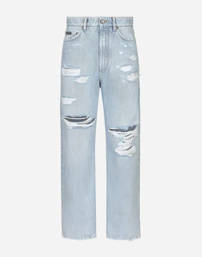 DOLCE & GABBANA COTTON DENIM BOYFRIEND JEANS WITH RIPS