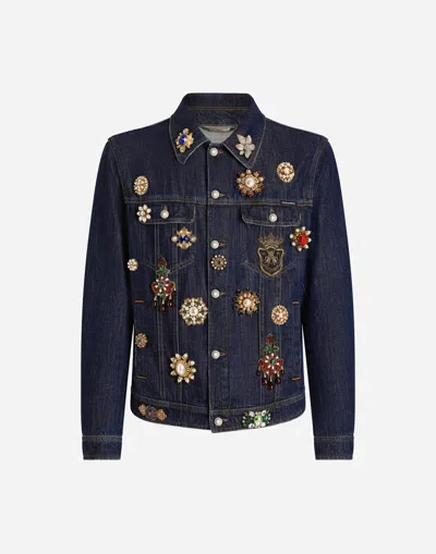 Dolce & Gabbana Cotton Denim Jacket With Bejeweled Detailing In Multicolor