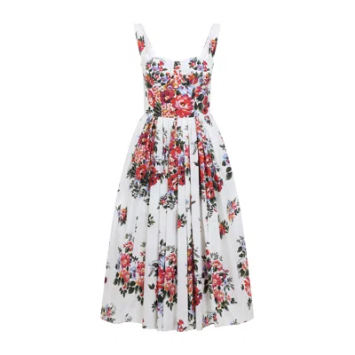Dolce & Gabbana White Cotton Midi Dress With Floral Print Dolce E Gabbana In Multi