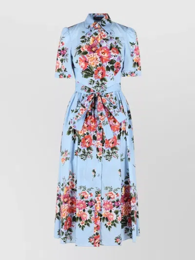 Dolce & Gabbana Cotton Dress Belted Waist Floral Short Sleeves In Blue