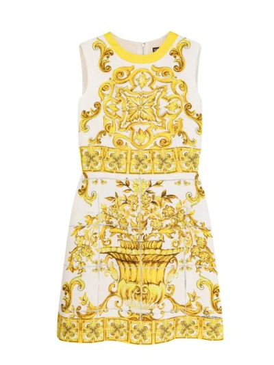 Dolce & Gabbana Cotton Dress With Majolica Print In Yellow