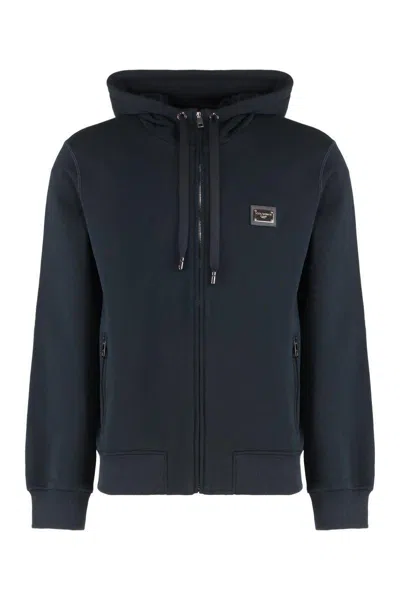 Dolce & Gabbana Cotton Hoodie With Ribbed Edges And Zip In Black