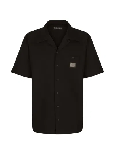 Dolce & Gabbana Cotton Hawaiian Shirt With Branded Tag In Black