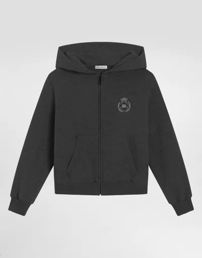 Dolce & Gabbana Kids' Cotton Hooded Sweatshirt With Dg Araldico Patch In Gray
