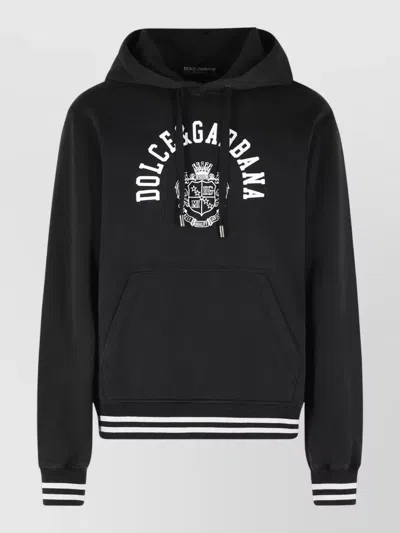 Dolce & Gabbana Cotton Hoodie Hood Kangaroo Pocket Ribbed Hem In Black