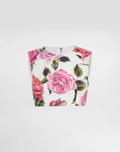 DOLCE & GABBANA COTTON JACQUARD CROP TOP WITH ROSE PRINT