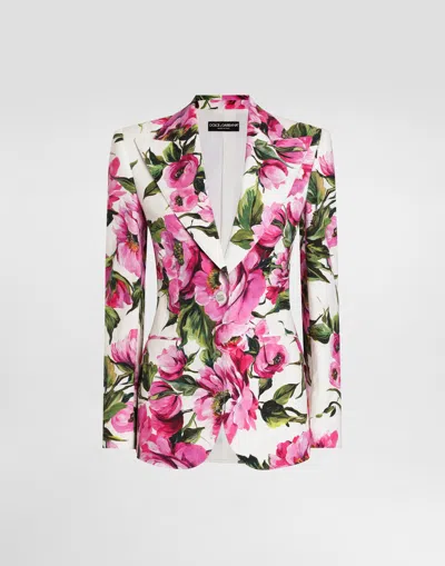 DOLCE & GABBANA COTTON JACQUARD TURLINGTON JACKET WITH PEONY PRINT