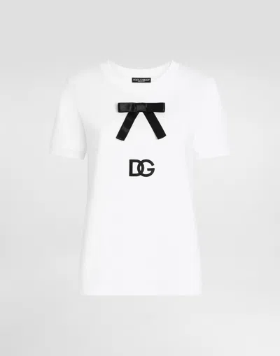 Dolce & Gabbana Cotton Jersey T-shirt With Bow And Dg Logo In Bianco Ottico