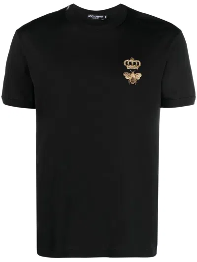 Dolce & Gabbana Embroidered Bee And Crown Cotton T-shirt In Black