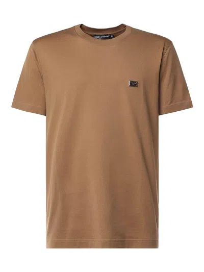 Dolce & Gabbana Cotton Jersey T-shirt With Metal Logo Plaque In Brown