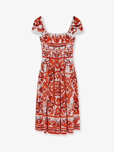 Dolce & Gabbana Cotton Long Dress With Maiolica Print In Multi