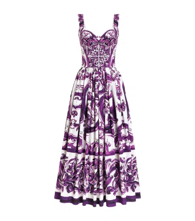 Dolce & Gabbana Cotton Majolica Print Pleated Maxi Dress In Purple