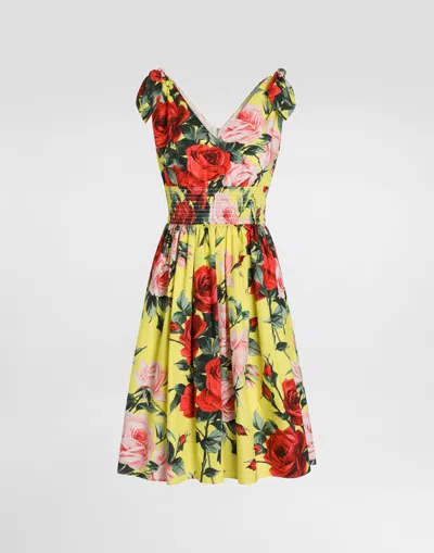 Dolce & Gabbana Cotton Midi Dress With Bouquet Print And Tie Details