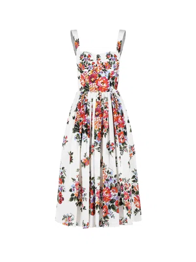 Dolce & Gabbana White Cotton Midi Dress With Floral Print Dolce E Gabbana In Multi