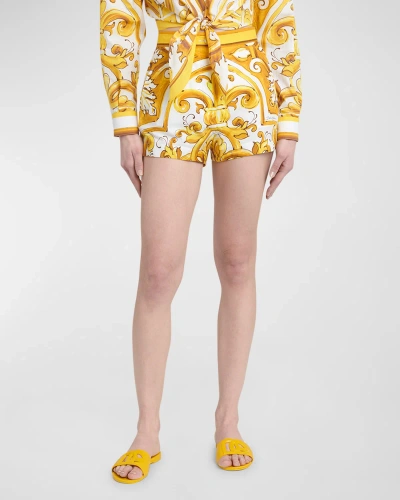 Dolce & Gabbana Cotton Popeline Brocade Print Mini Shorts With Frontal French Pockets In Yellow Prt