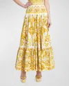 Dolce & Gabbana Cotton Popeline Brocade Print Tiered Maxi Skirt In Yellow Prt