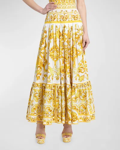 DOLCE & GABBANA COTTON POPELINE BROCADE PRINT TIERED MAXI SKIRT