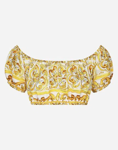 DOLCE & GABBANA COTTON POPLIN CROP TOP WITH MAJOLICA PRINT