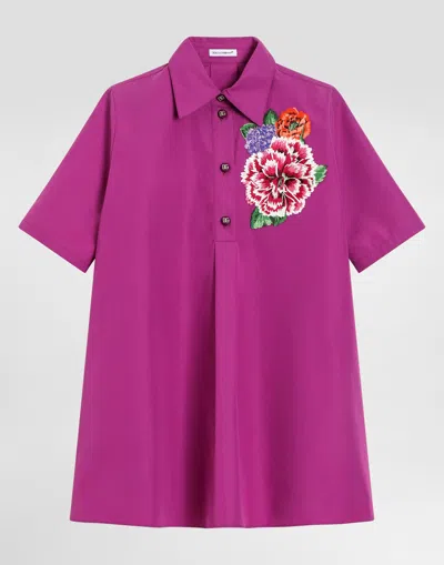 Dolce & Gabbana Cotton Poplin Dress With Patch In Fuchsia