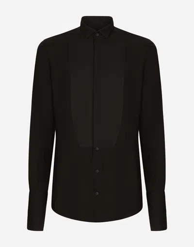 Dolce & Gabbana Cotton Poplin Gold-fit Tuxedo Shirt In Black