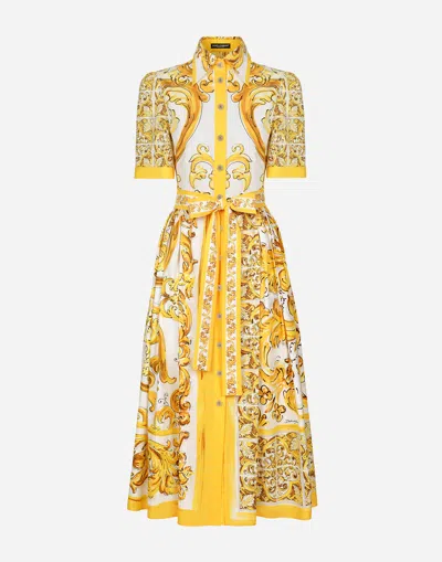 Dolce & Gabbana Maiolica Belted Pleated Printed Cotton-poplin Midi Dress In Yellow